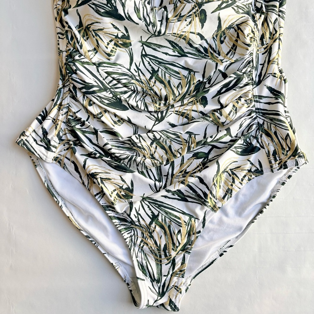 Niptuck Swimsuit One Piece Green Gold Tropical Leaf Padded Ruched Lined Size 10 - Picture 4 of 16